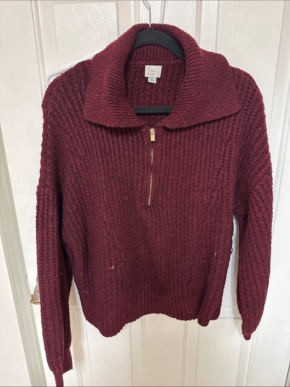 a new day Burgundy Half-Zip Ribbed Cowl Sweater